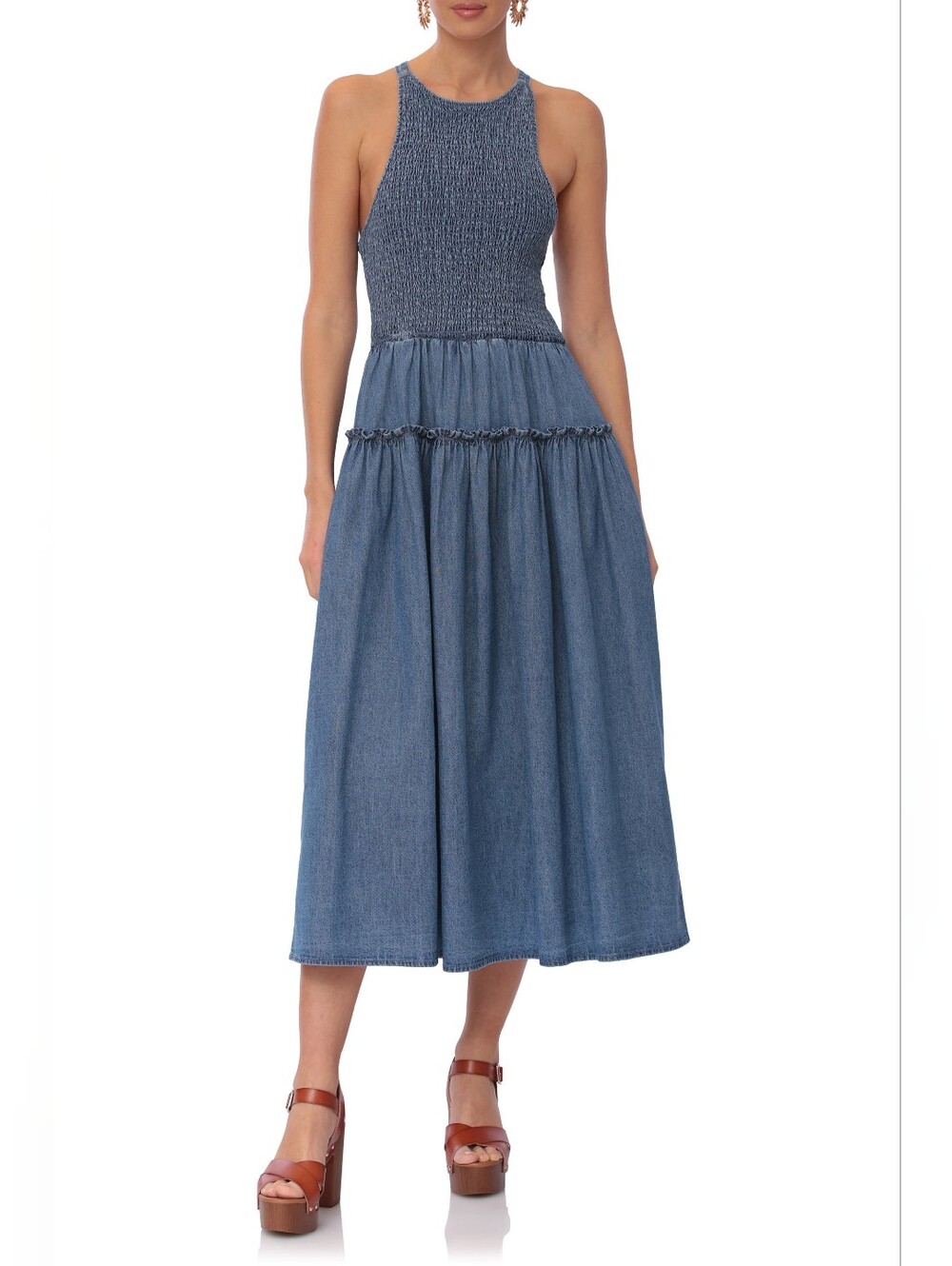 Avec Les Filles Smocked Bodice Chambray Midi Dress 6 MRSP $168